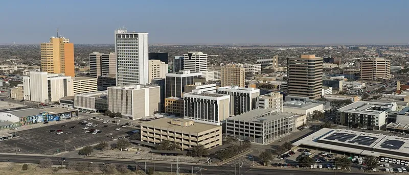 The downtown Midland, Texas skyline rising over the flat West Texas plains